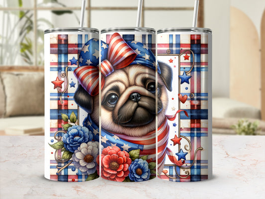 Pug wearing patriotic bandana and bow with floral accents.