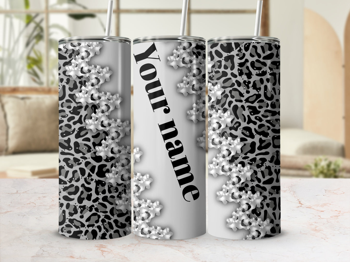 Personalized Floral Black Leopard Print Tumbler