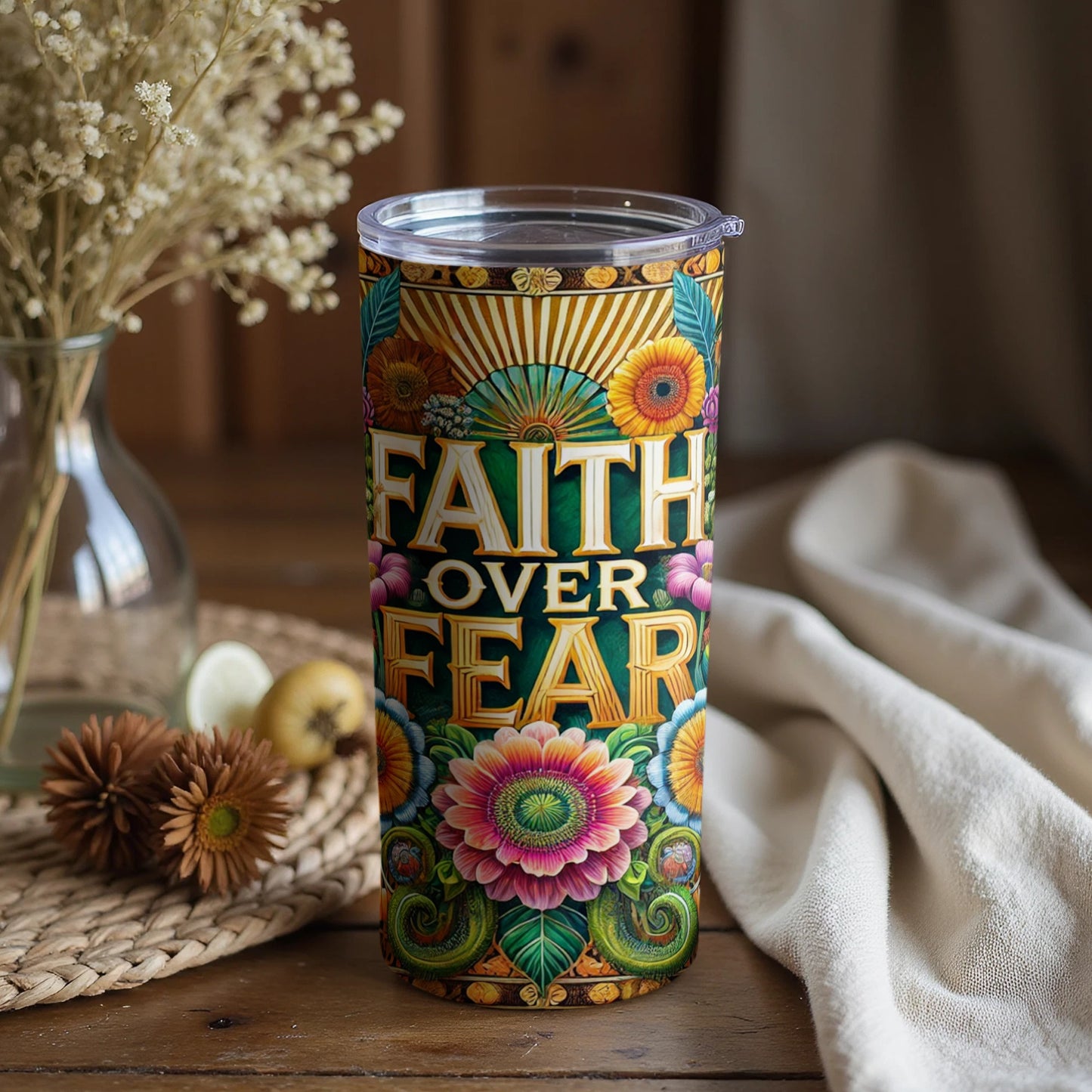 Faith Over Fear Colorful Floral Tumbler Product