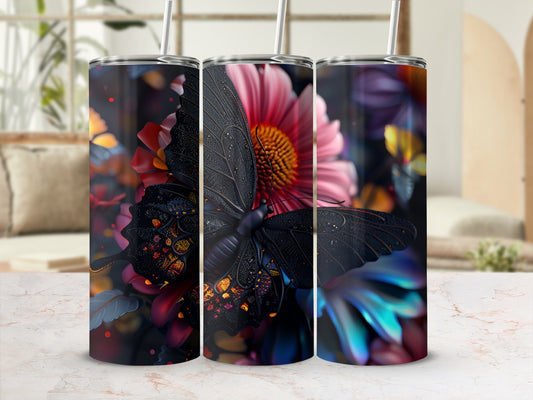 Three tumblers featuring a black butterfly on colorful floral backgrounds.