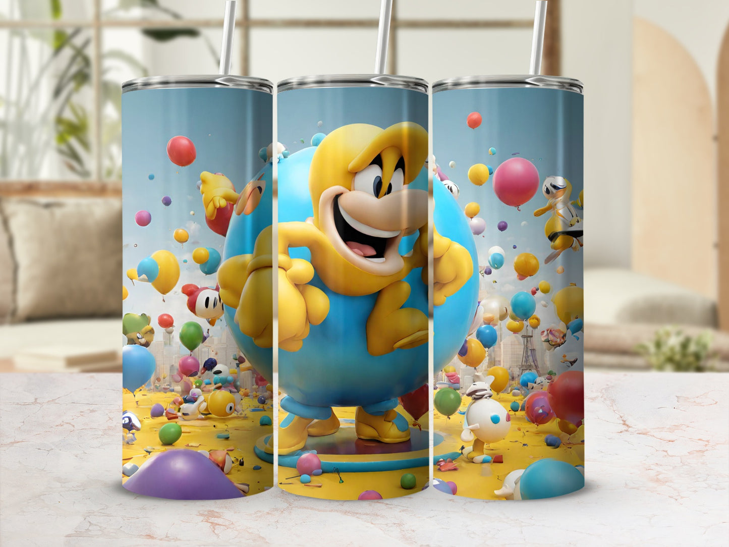 Bright Cartoon Characters with Colorful Balloons tumbler