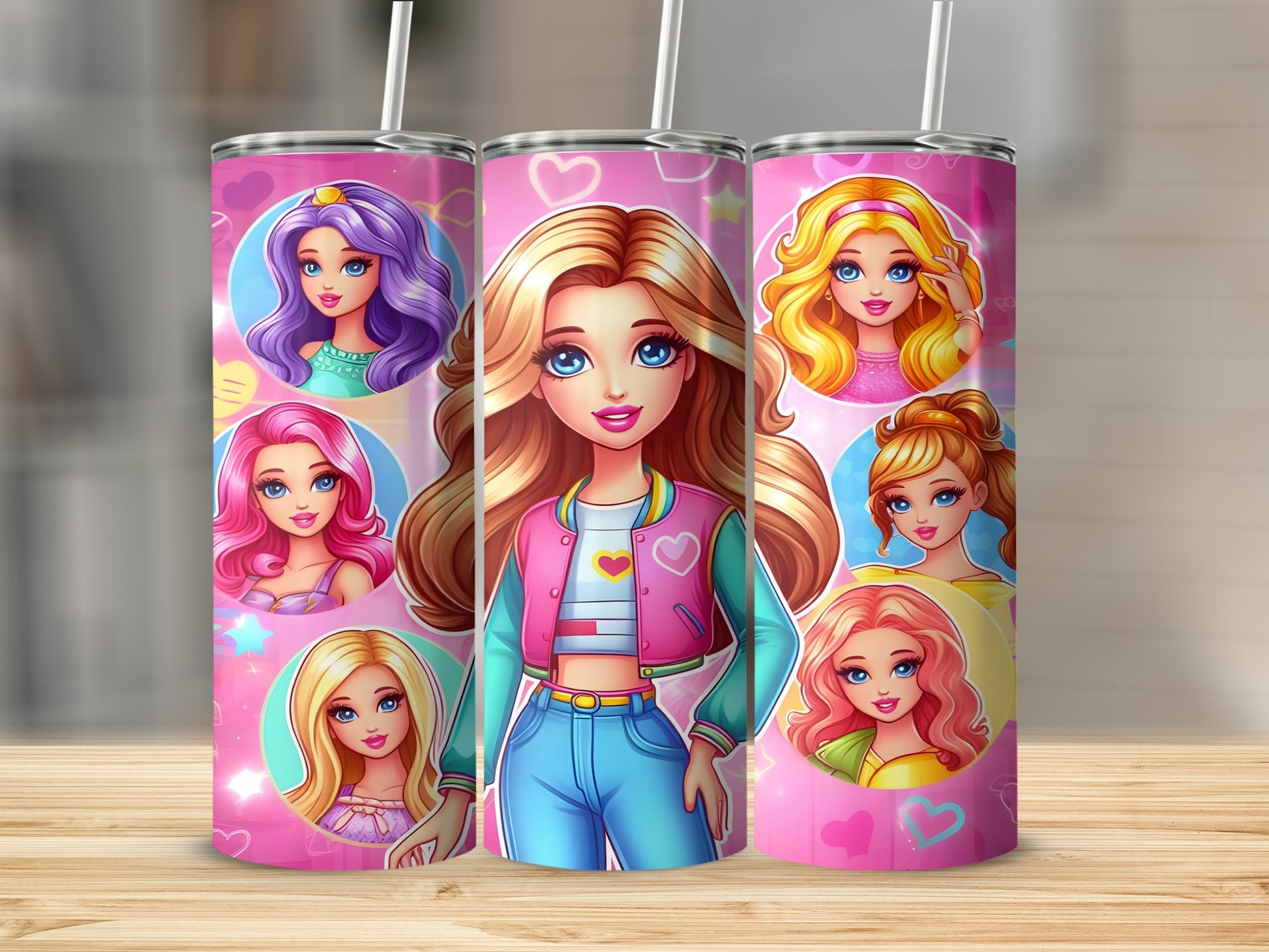 Three Barbie tumblers with different hairstyles and outfits on a wooden surface.