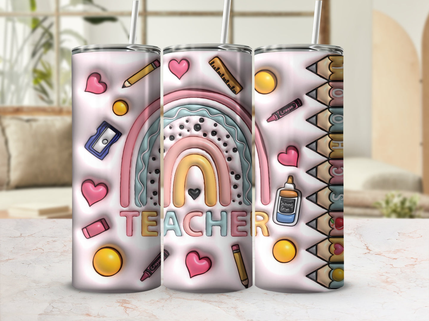 Teacher Design Rainbow Hearts Pencils With School Supplies Tumblers