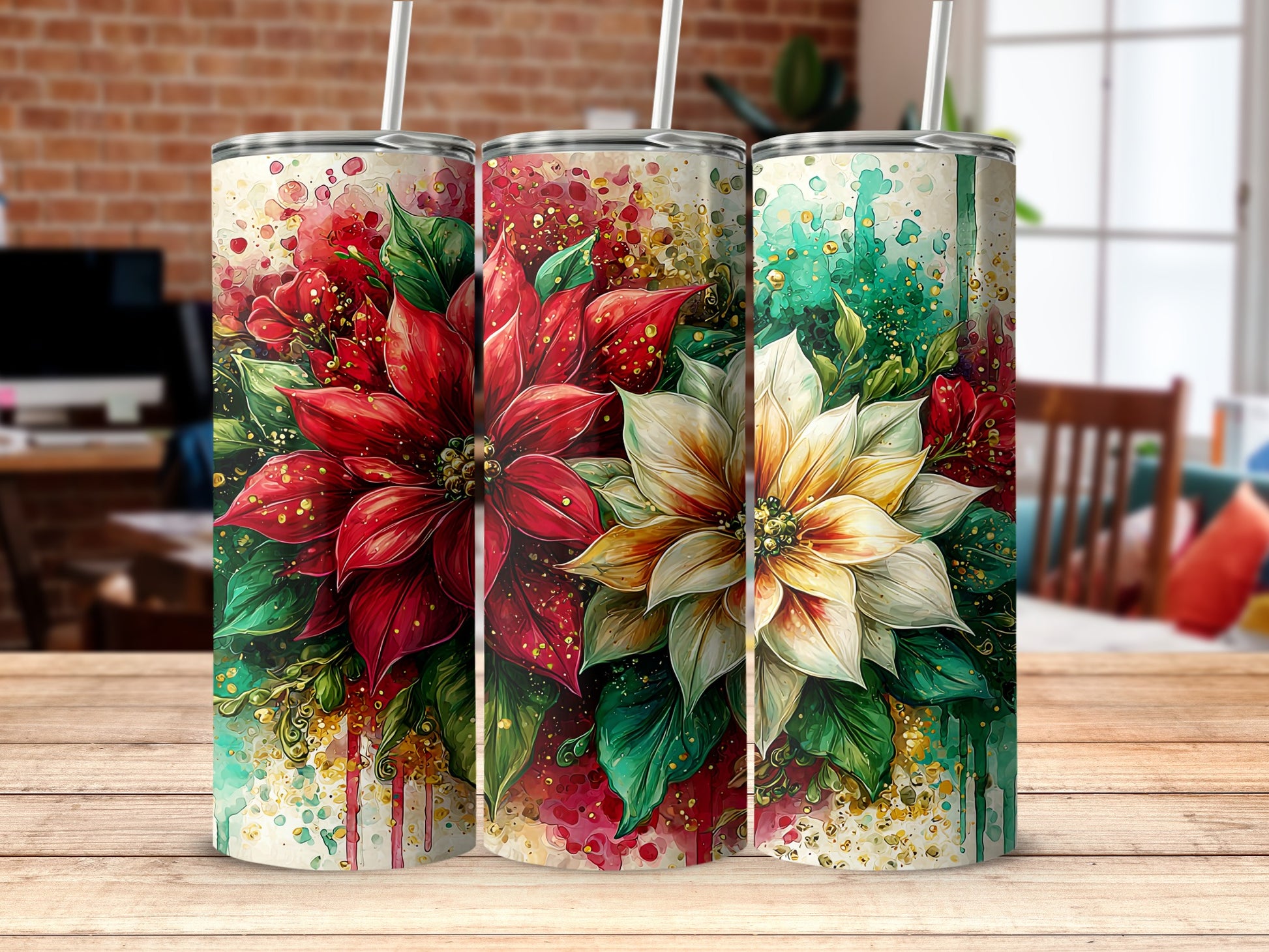Festive Floral Art Tumblers Colorful Holiday Design