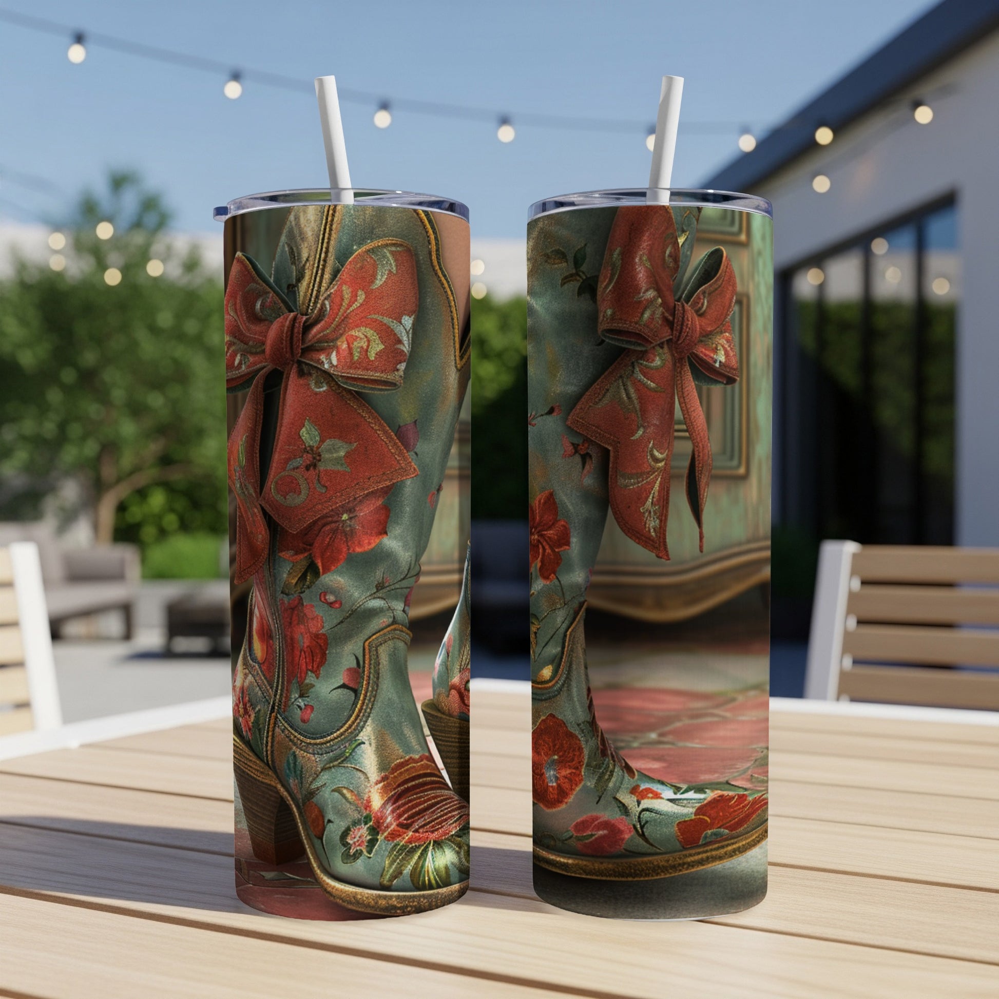 Turquoise cowboy boots with red floral pattern and bow, set on a table.
