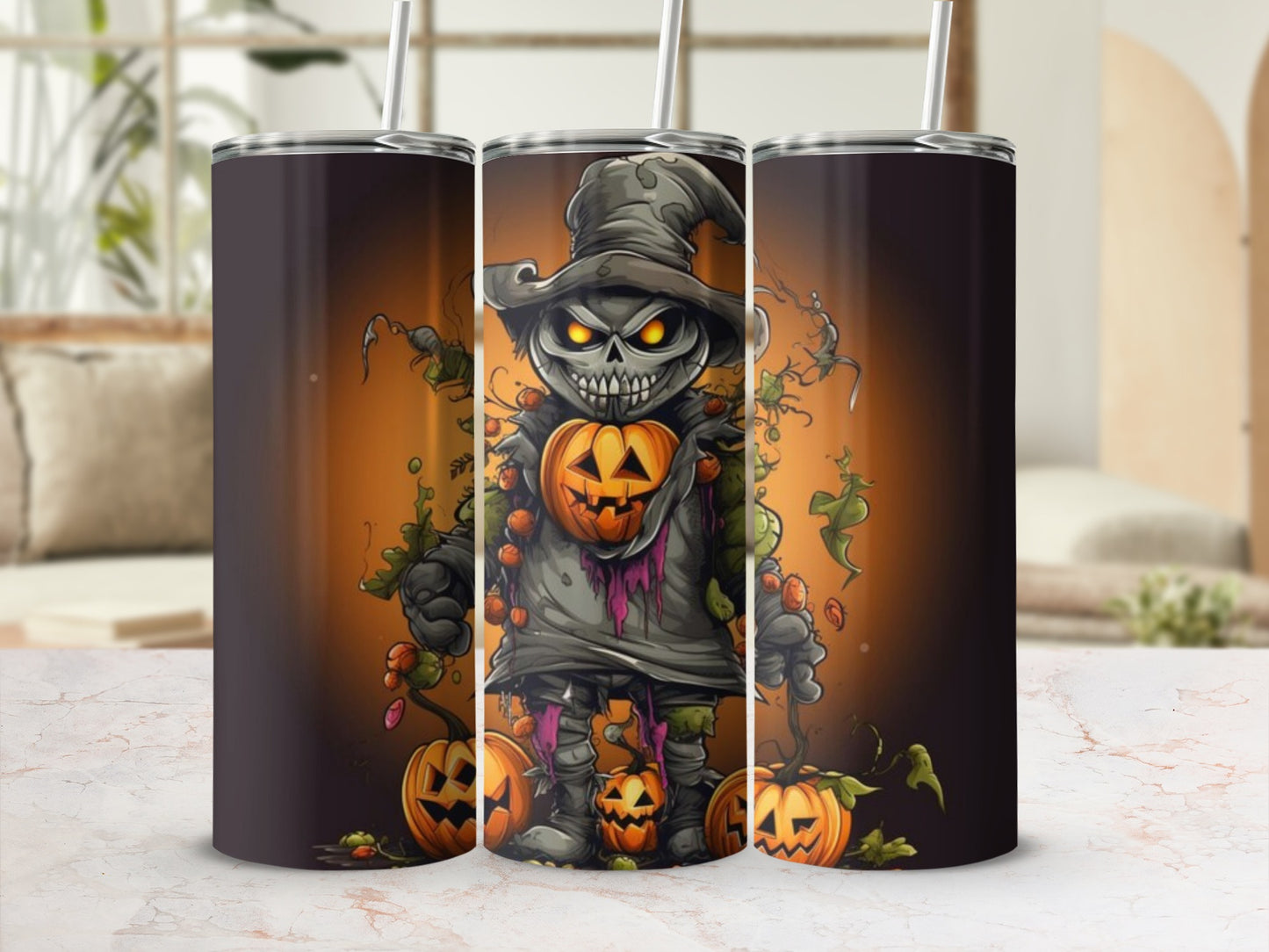 Scarecrow with pumpkin head and spooky pumpkins on a Halloween tumbler.