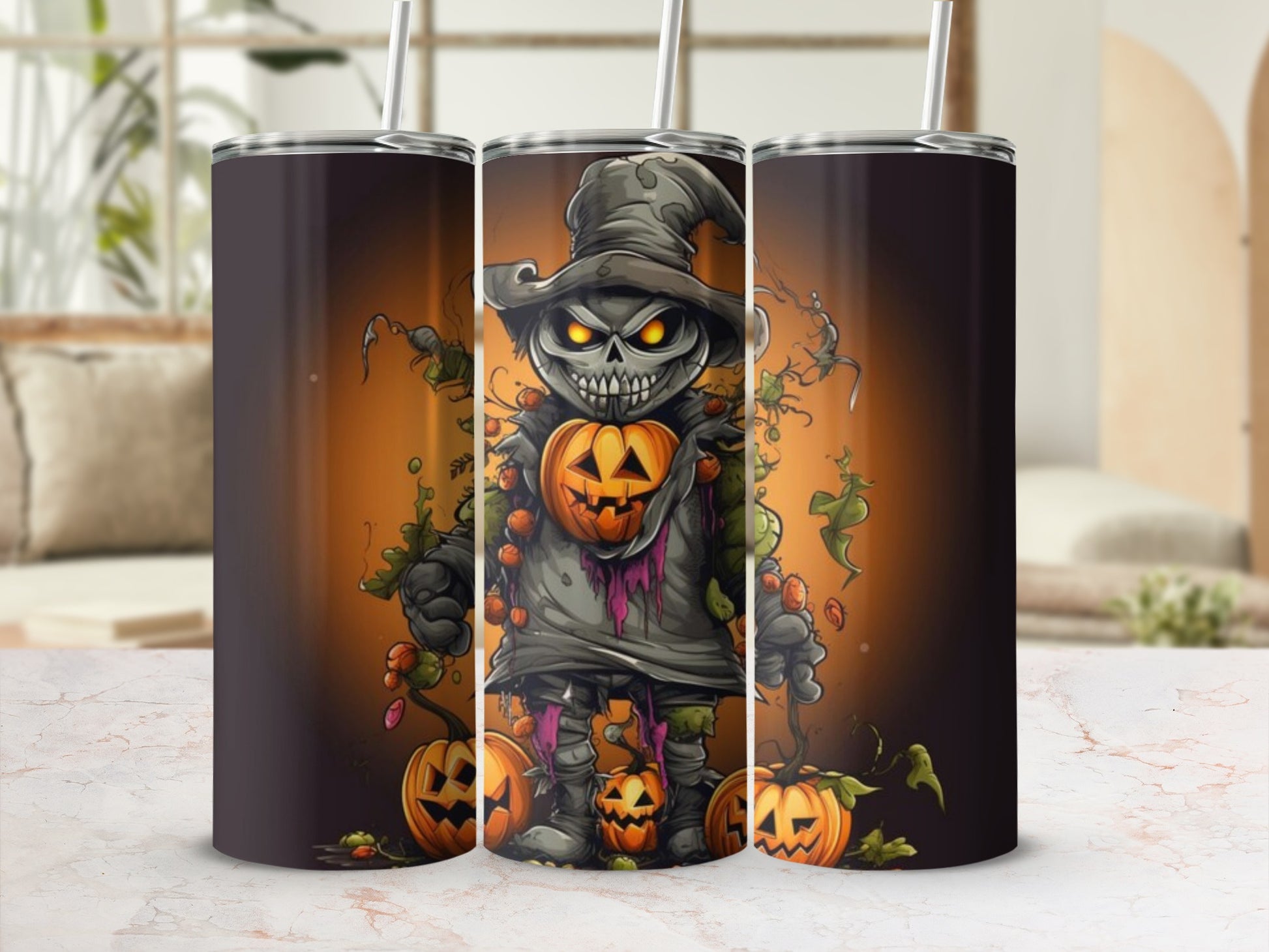 Scarecrow with pumpkin head and spooky pumpkins on a Halloween tumbler.