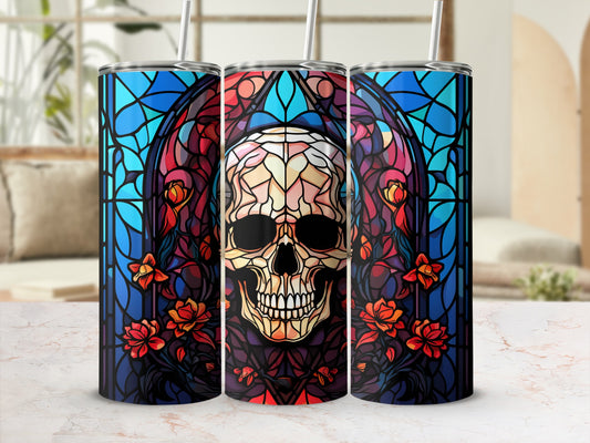 Triptych of stained-glass tumblers featuring a skull and floral design.