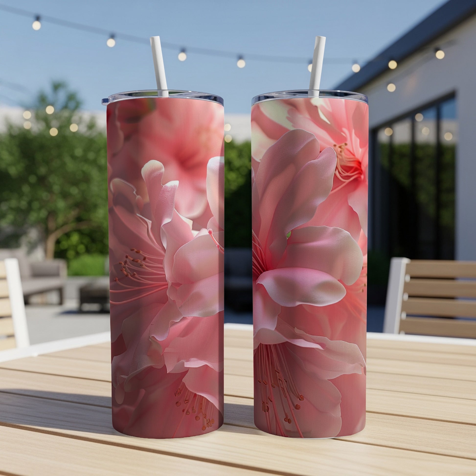 Two pink floral tumblers with straws on a wooden table.