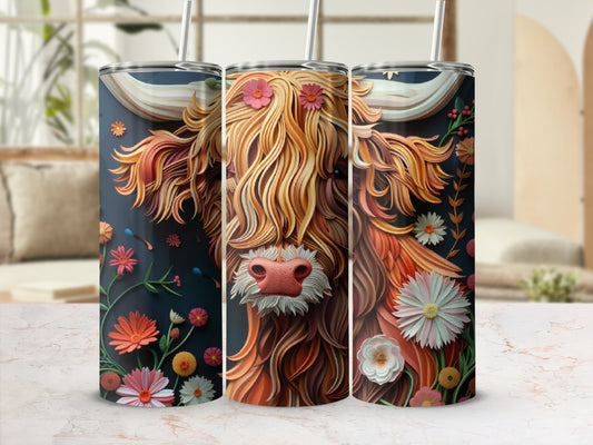 Highland cow with floral accents on a dark background.