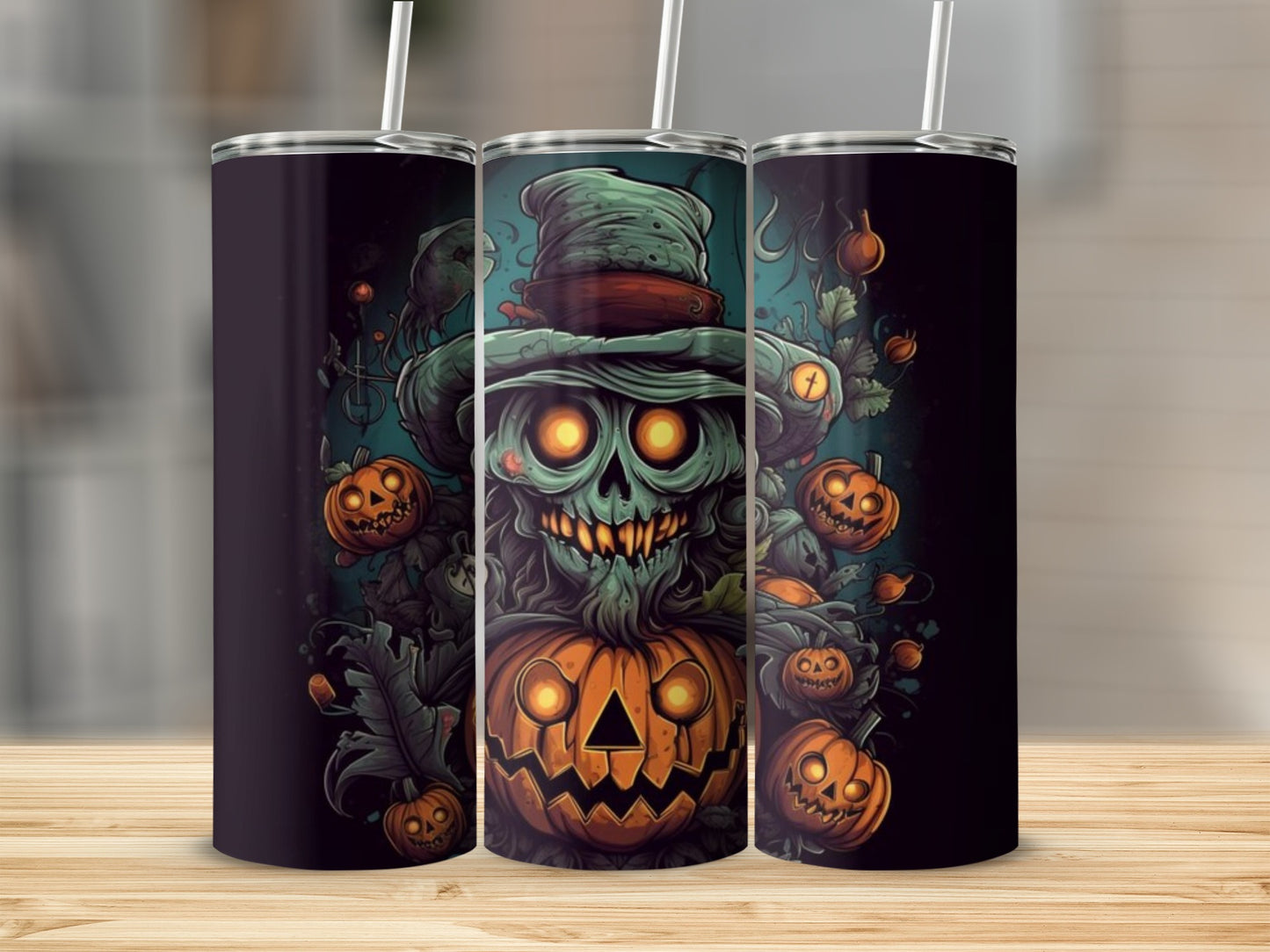 Three tumblers featuring a spooky Halloween skeleton and jack-o'-lantern design.