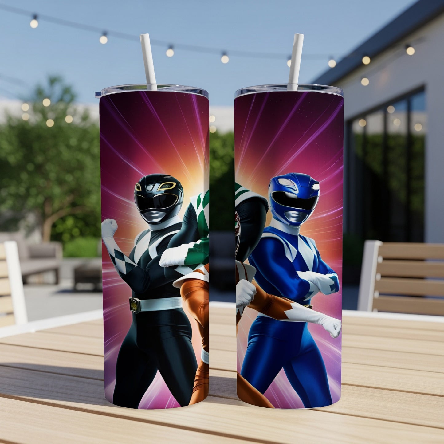 Two Power Rangers, a black and green, and a blue Ranger, stand ready.