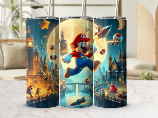 Vibrant Mario and Castles Themed Travel Tumbler