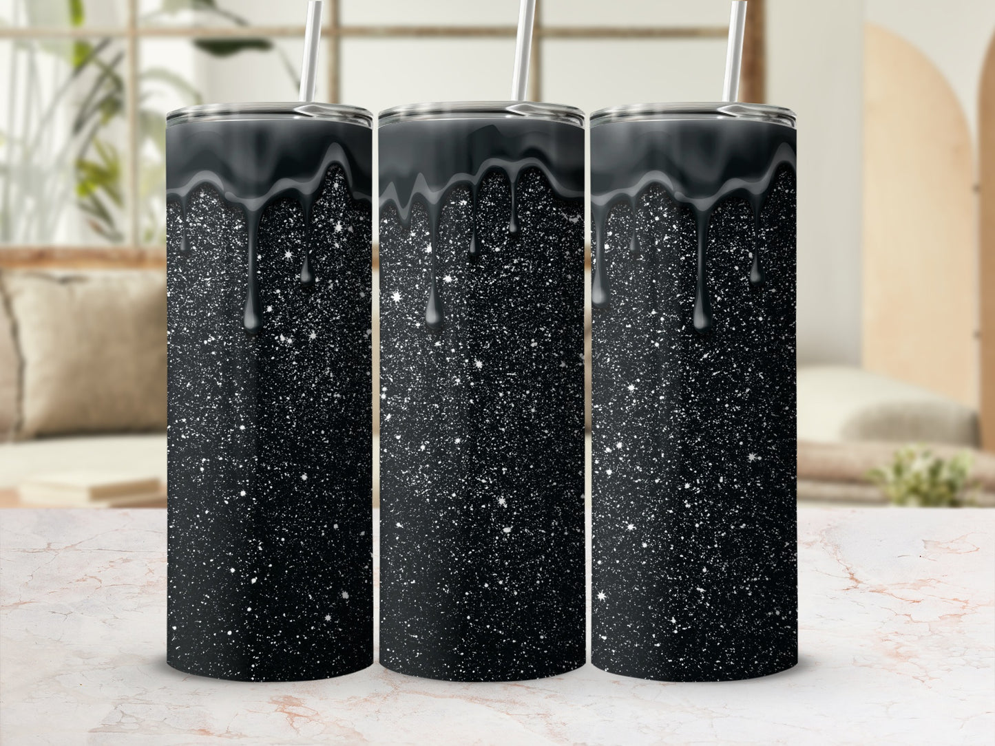 Black Glitter Tumbler with Dripping Design for Stylish Drinkware