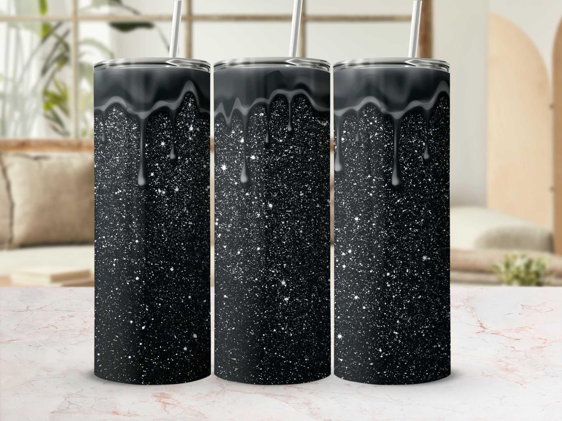 Black Glitter Tumbler with Dripping Design for Stylish Drinkware