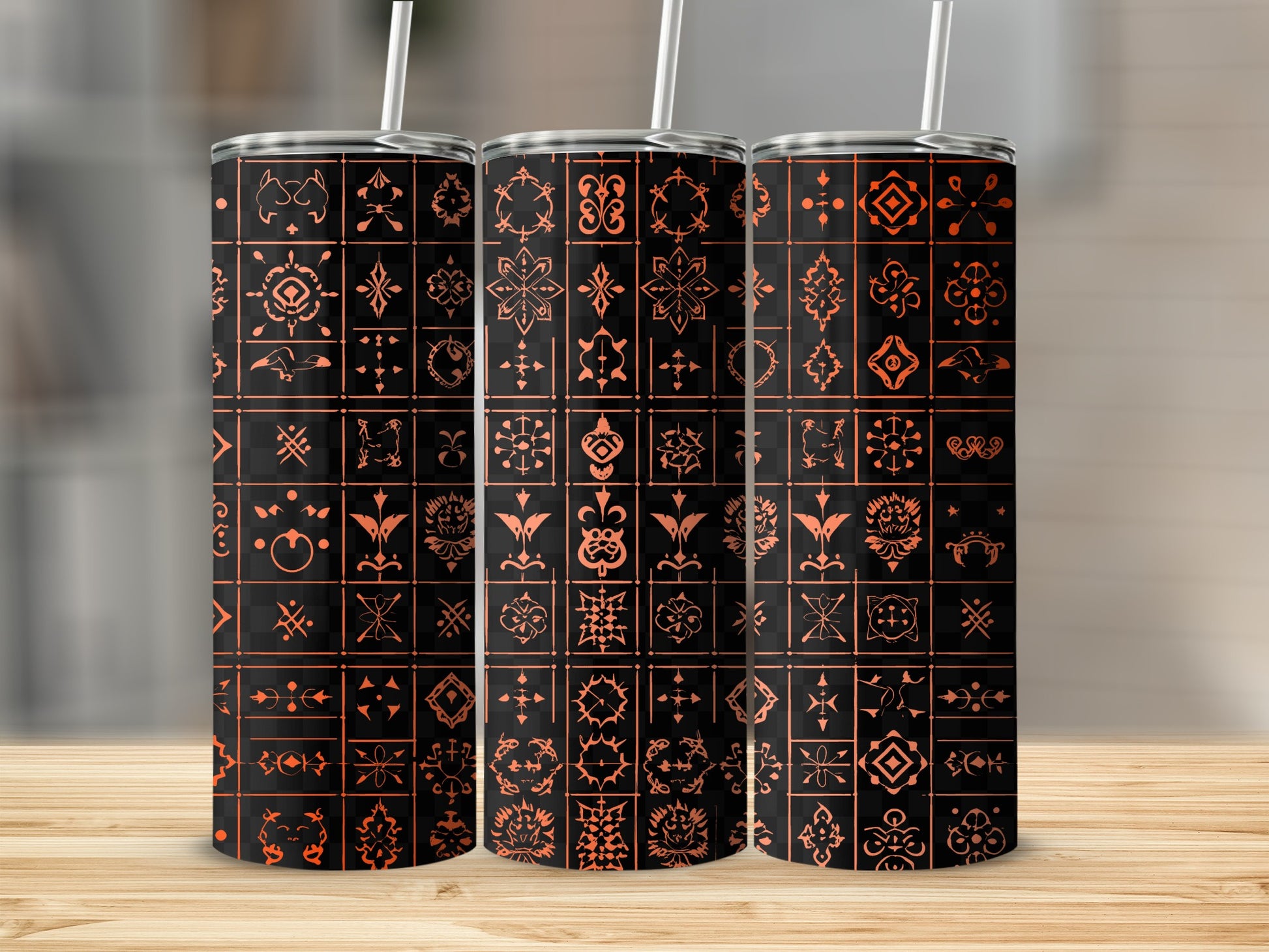 Geometric Pattern Design Black and Orange Tumbler