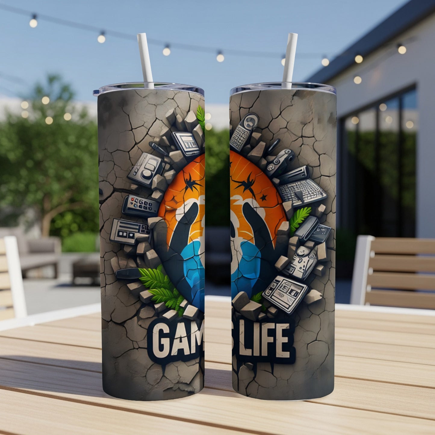 Two tumblers with cracked concrete design and game controllers, on a table outdoors.