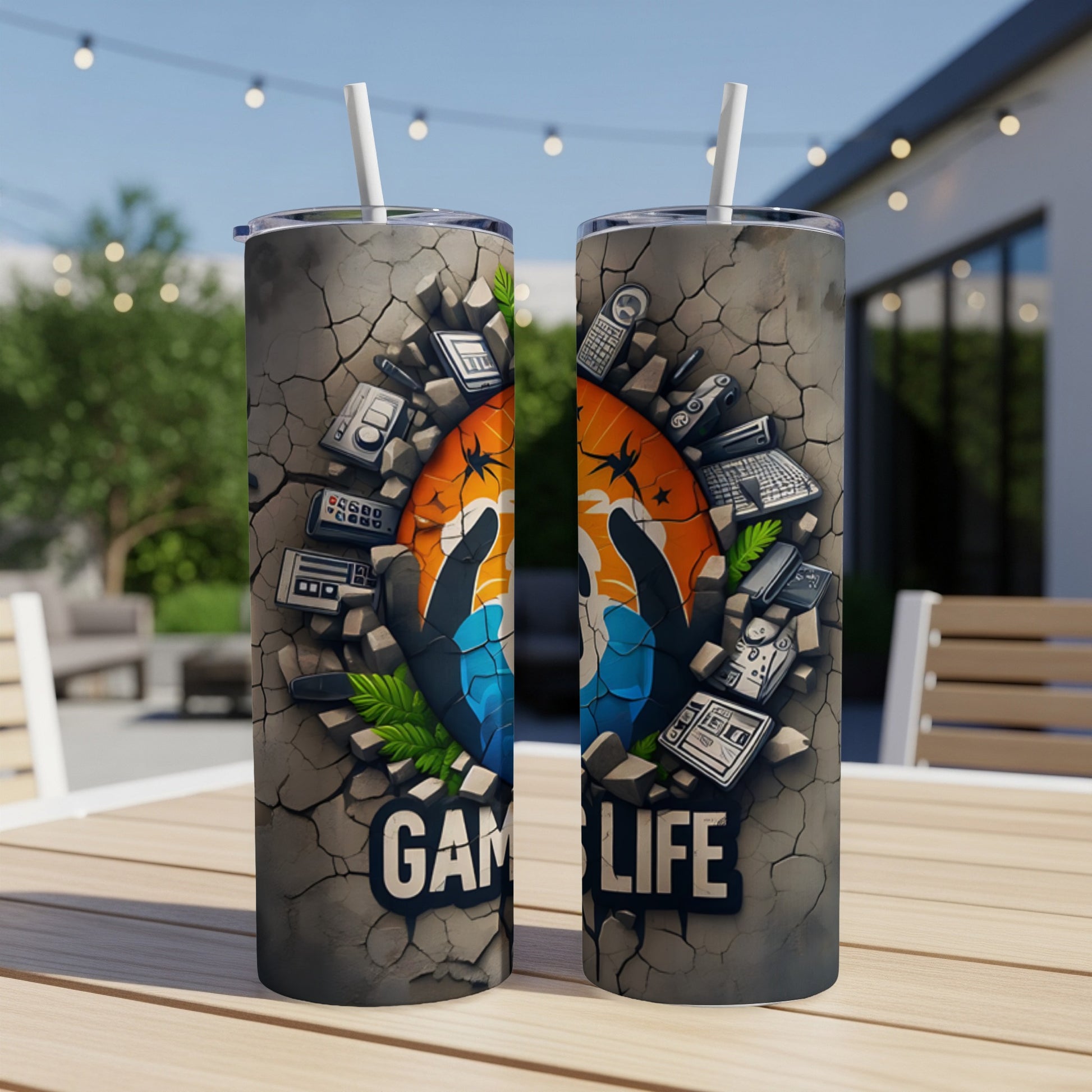 Two tumblers with cracked concrete design and game controllers, on a table outdoors.