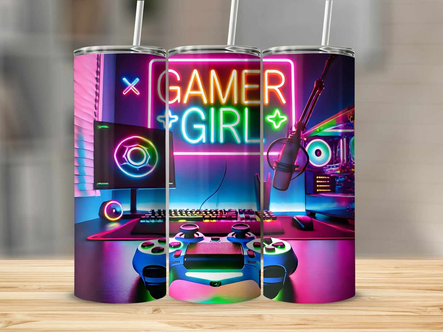Gamer Girl tumbler with neon lights, gaming setup, and controller.