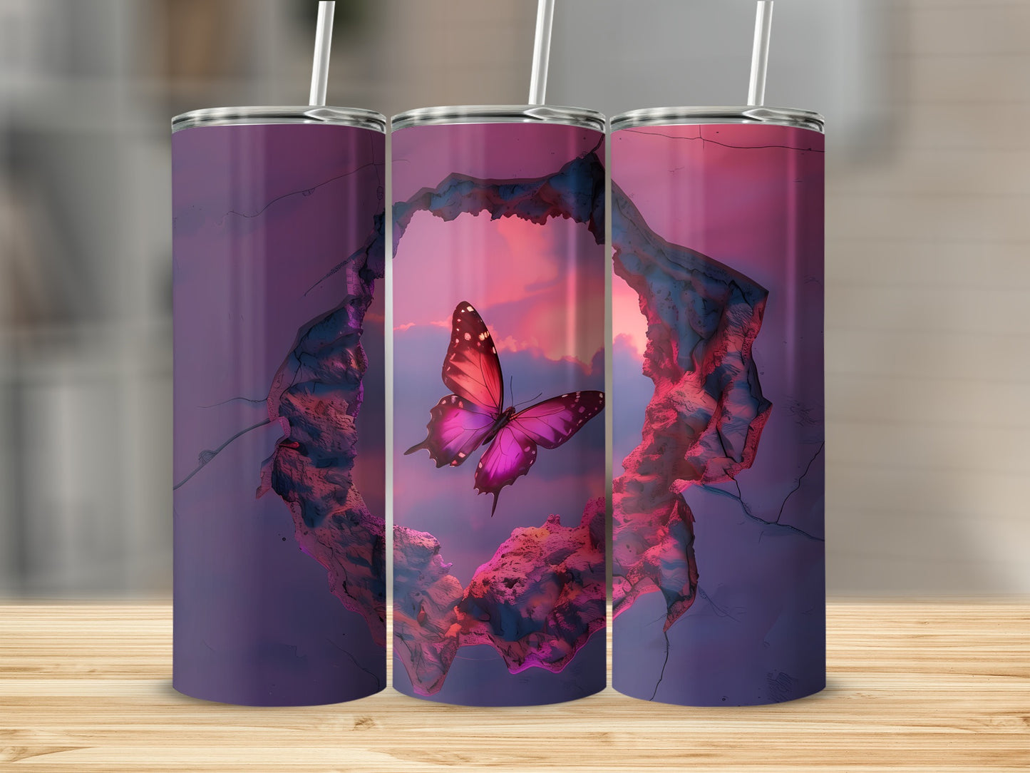 Triptych of tumblers featuring a pink butterfly breaking through a cracked sky.