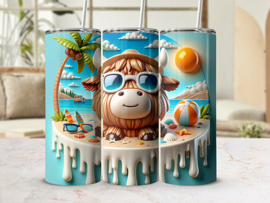 Three cartoon highland cows in sunglasses on a beach island with a beach ball.