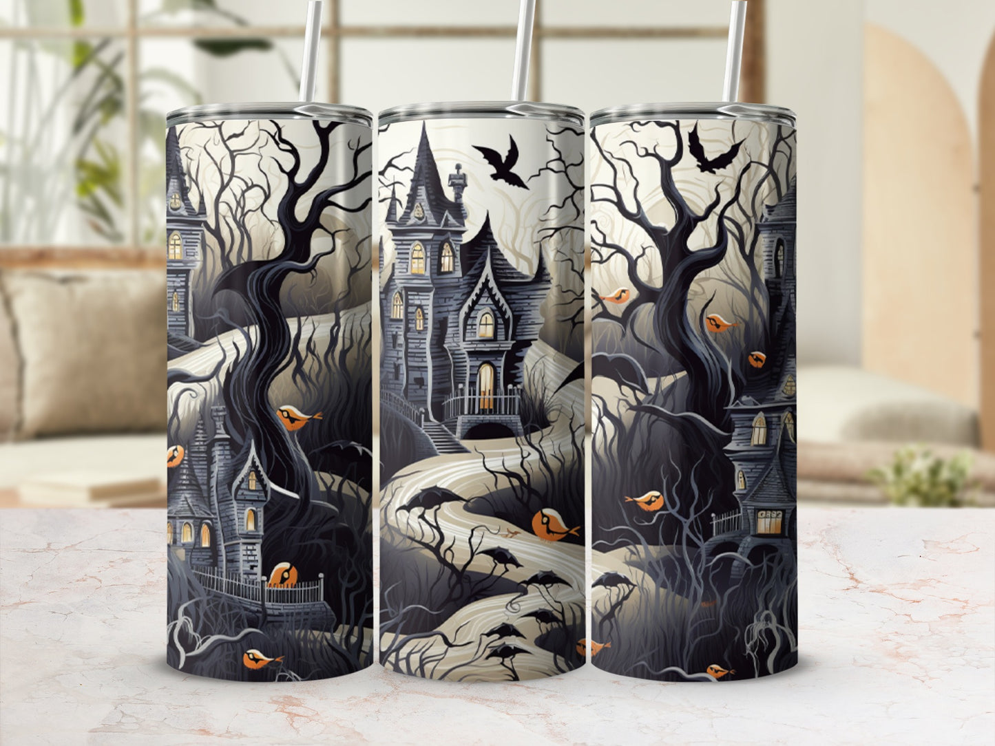 Halloween tumbler with spooky haunted house, bare trees, birds, and bats.