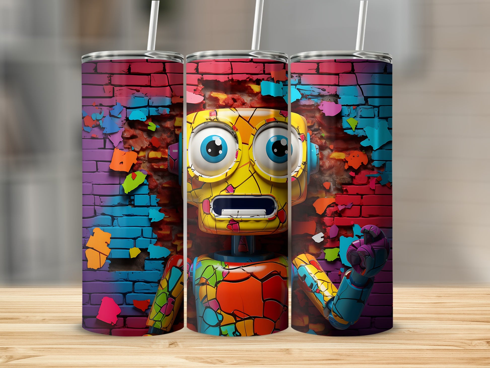 Colorful Robot Design on Bright Brick Background Tumbler