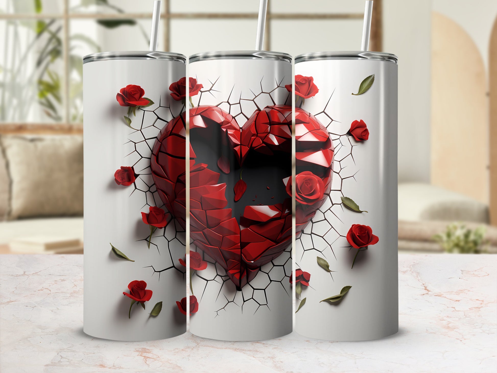 Red Heart with Cracked Effect and Roses Tumbler