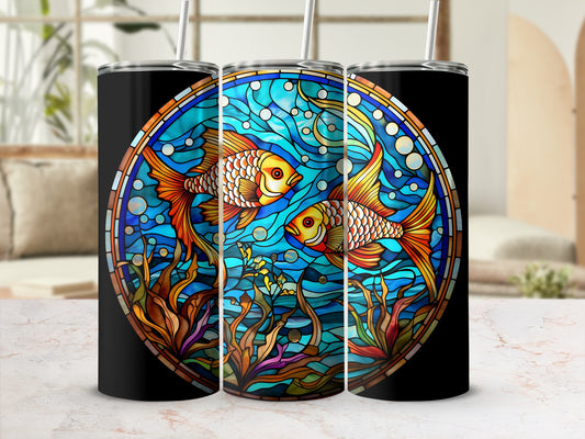 Two colorful fish swim through stylized underwater plants within a stained glass design.