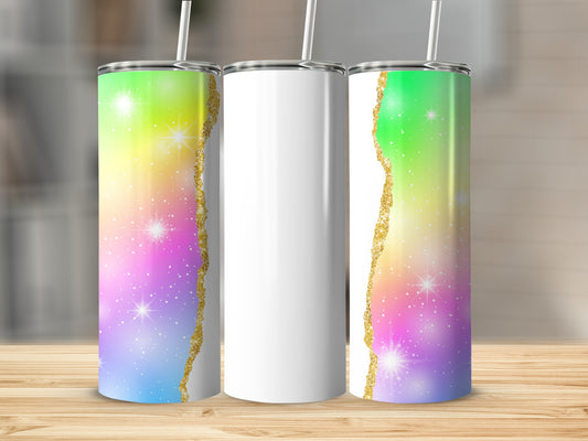 Three tumblers with colorful gradient backgrounds and glitter accents.