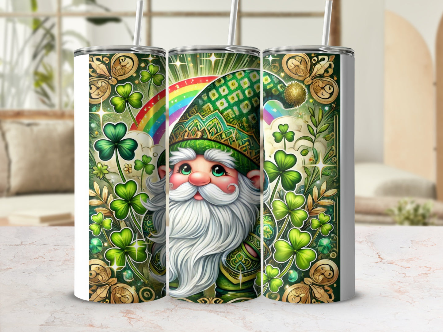 Green gnome with white beard and rainbow, surrounded by shamrocks on a white tumbler.