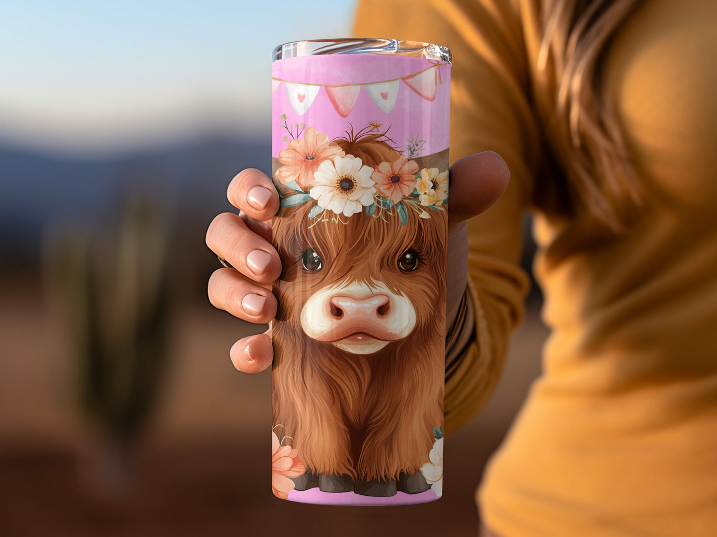 Colorful Highland Cow Tumbler with Floral Design