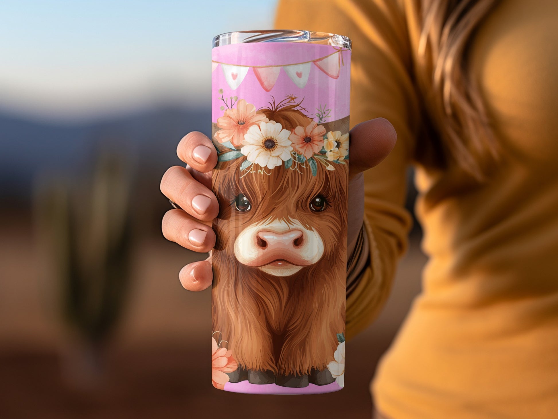 Colorful Highland Cow Tumbler with Floral Design