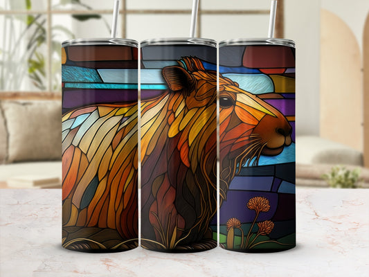 Capybara portrait in stained glass style on a tumbler.