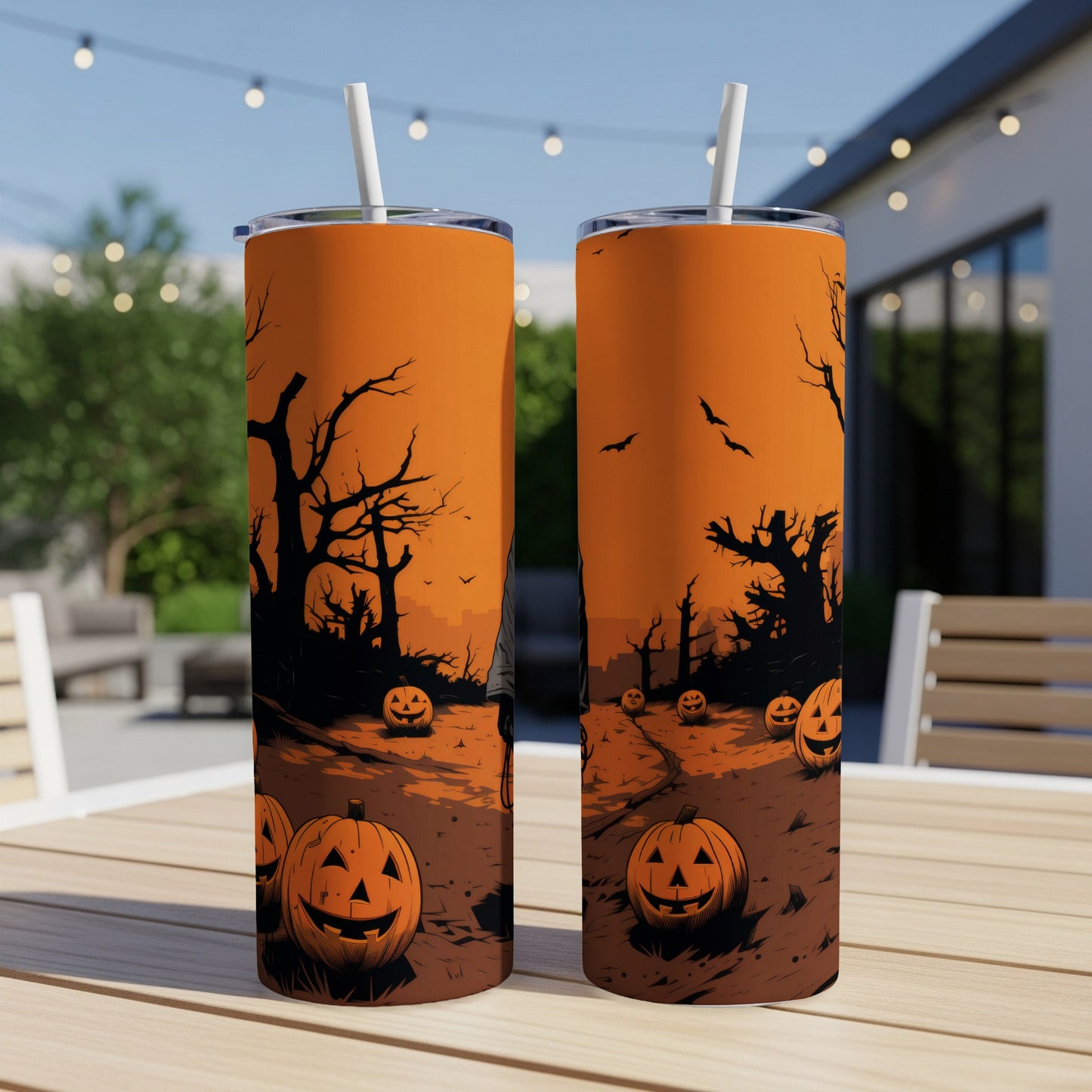 Two tumblers featuring a Halloween scene with jack-o'-lanterns and silhouetted trees.