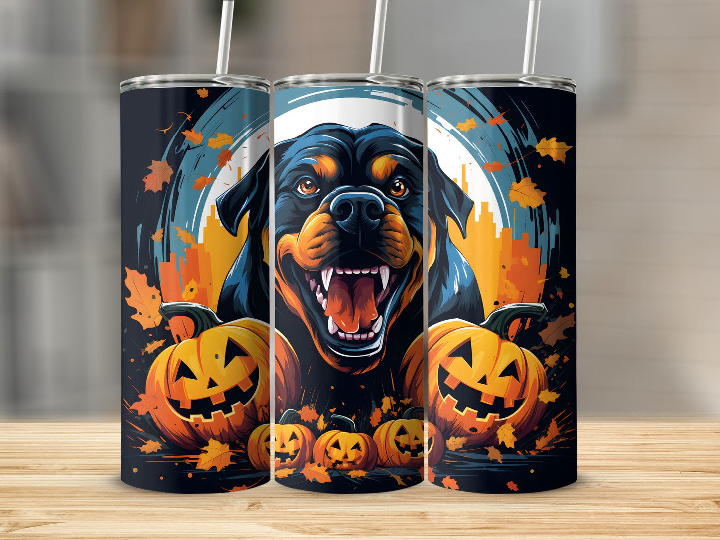 Three tumblers with Rottweiler and jack-o'-lantern Halloween design.
