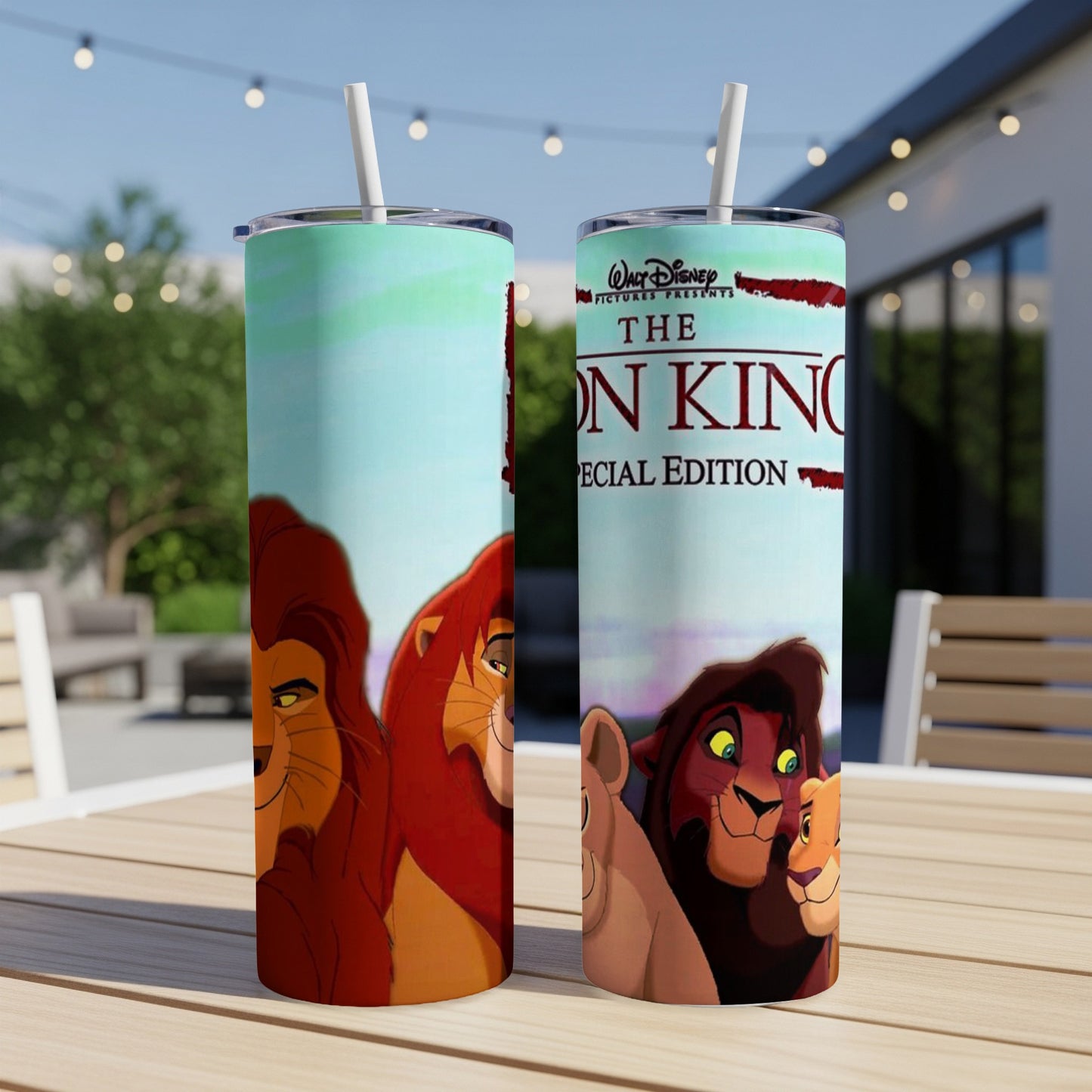 The Lion King Special Edition artwork on two tumblers with straws.