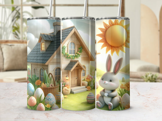 Easter-themed tumbler with a bunny, house, and eggs.