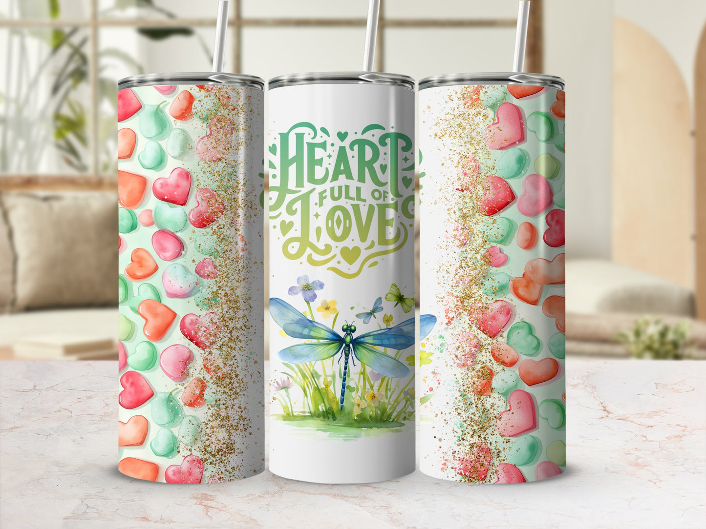 Heart and Dragonfly Art Tumbler for Beverage Lovers