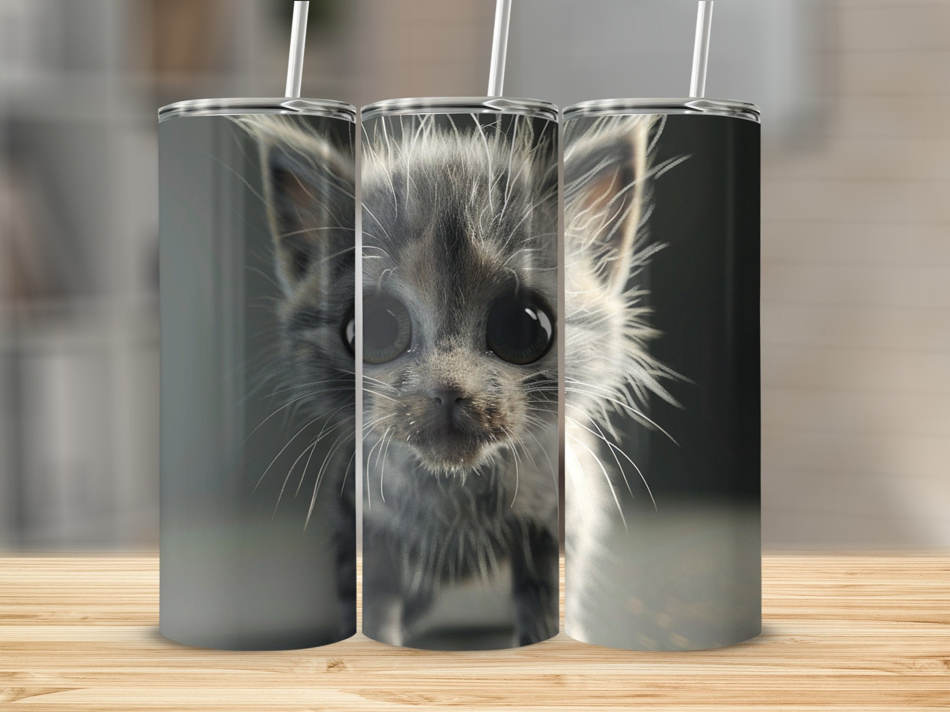 Close-up of a fluffy grey kitten with large eyes on a tumbler.