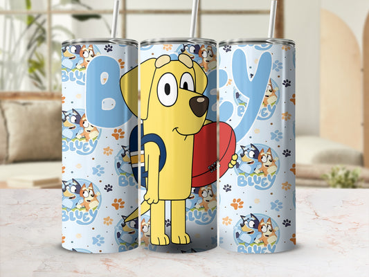 Bluey character with rugby ball on light blue tumbler with repeating Bluey pattern.