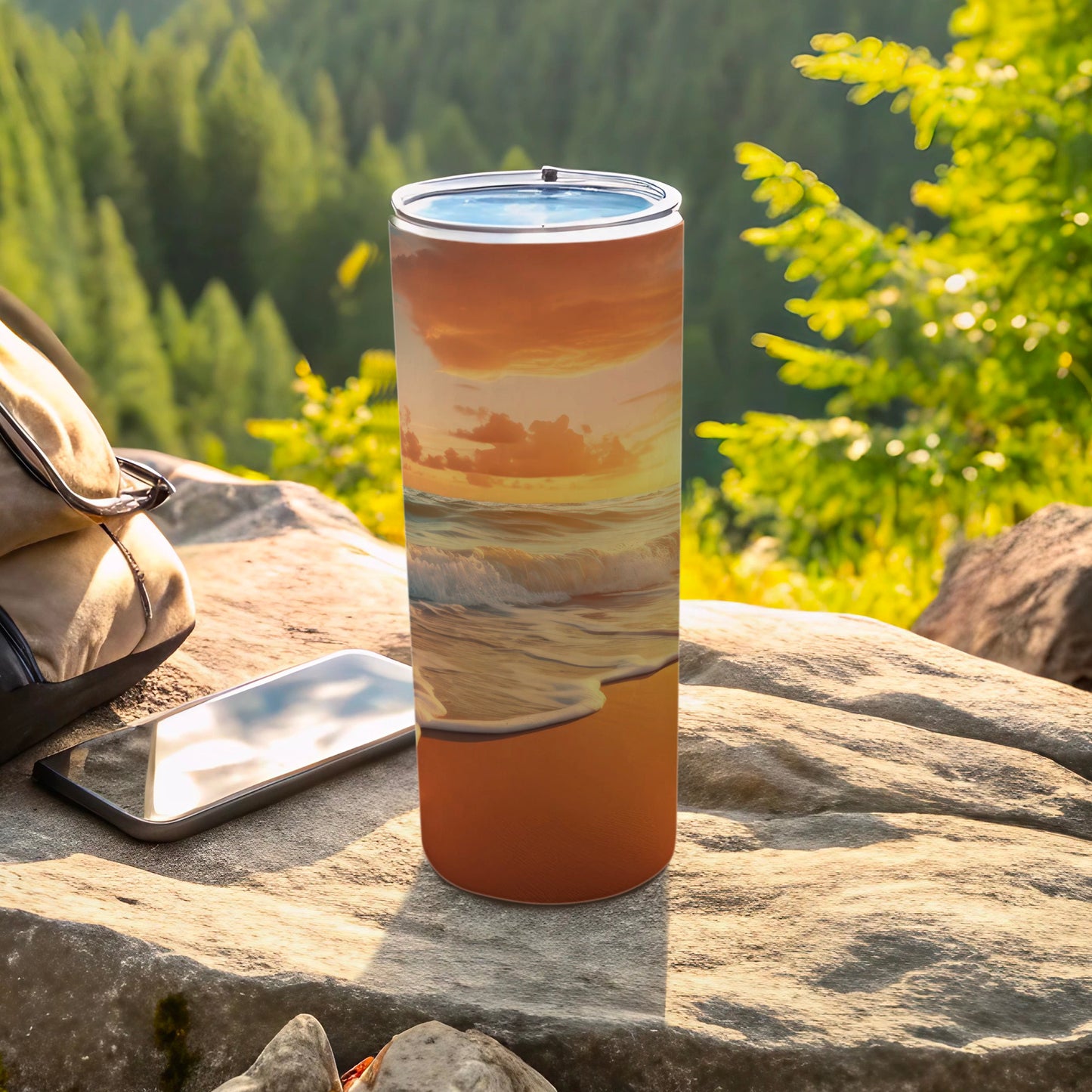 Ocean waves at sunset printed on a stainless steel tumbler.