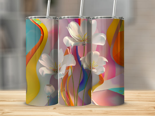 Three tumblers with abstract floral designs and colorful wavy backgrounds.
