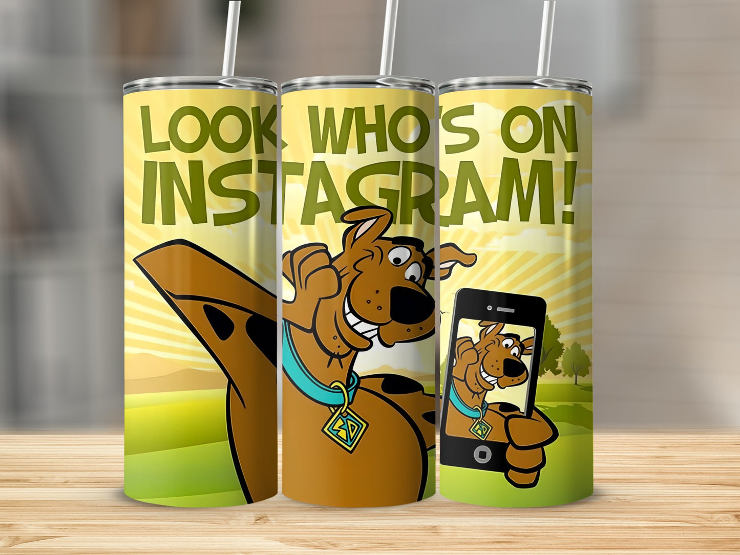 Scooby-Doo on a tumbler, holding a phone with "Look Who's on Instagram!" text.