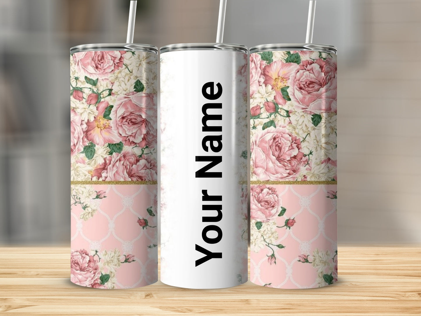 Personalized Pink Floral Pattern Tumbler with Straw