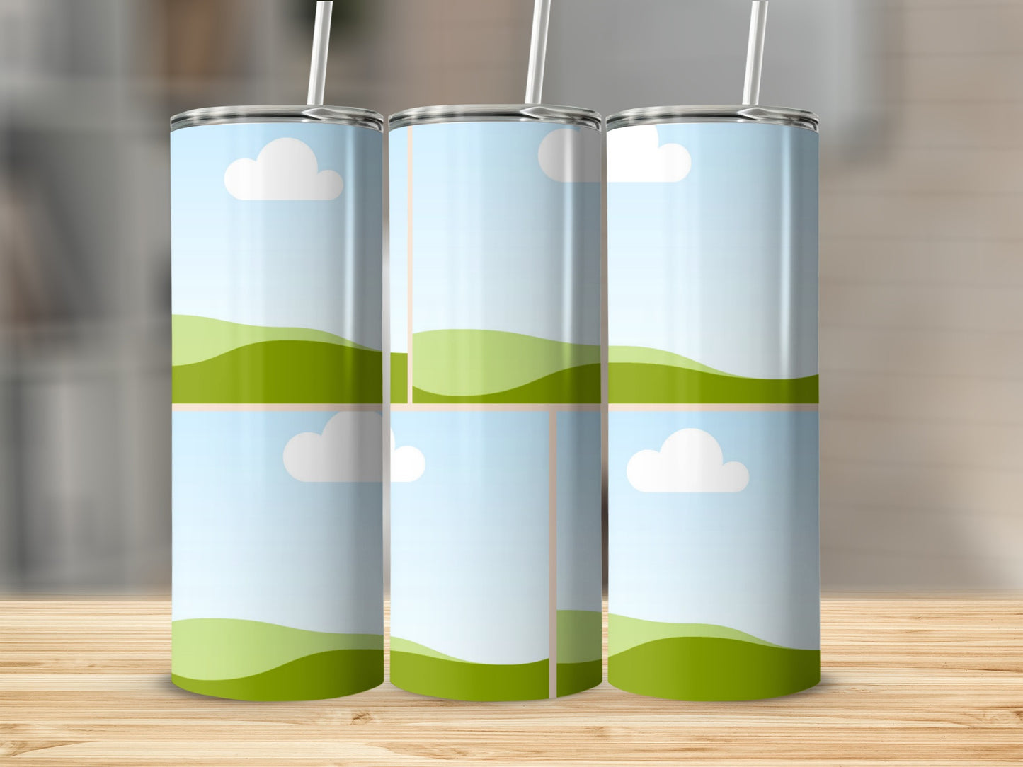 Three tumblers with green hills, blue sky, and white clouds design.