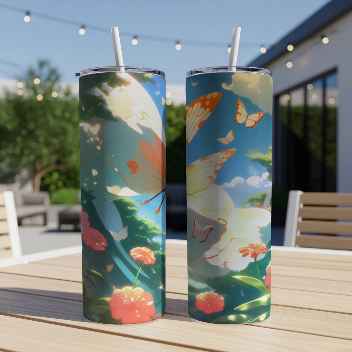 Two tumblers with a butterfly and floral design on a wooden table outdoors.