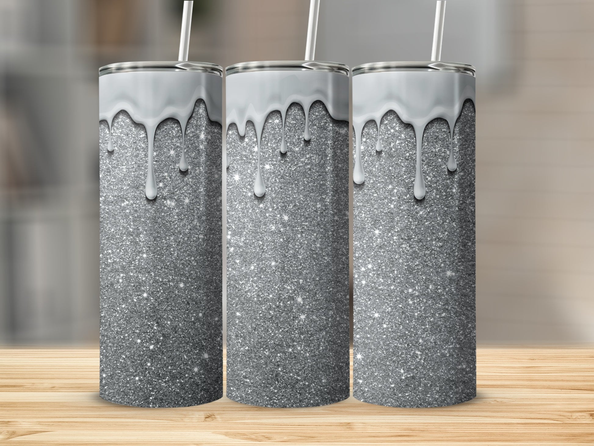 Silver Glitter Tumbler with Glossy Paint Drip Effect