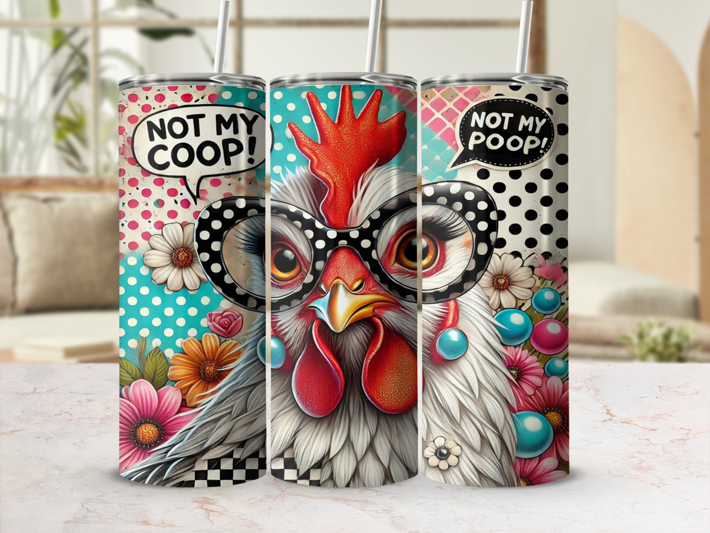 Funny Chicken Design Tumbler with Colorful Flowers