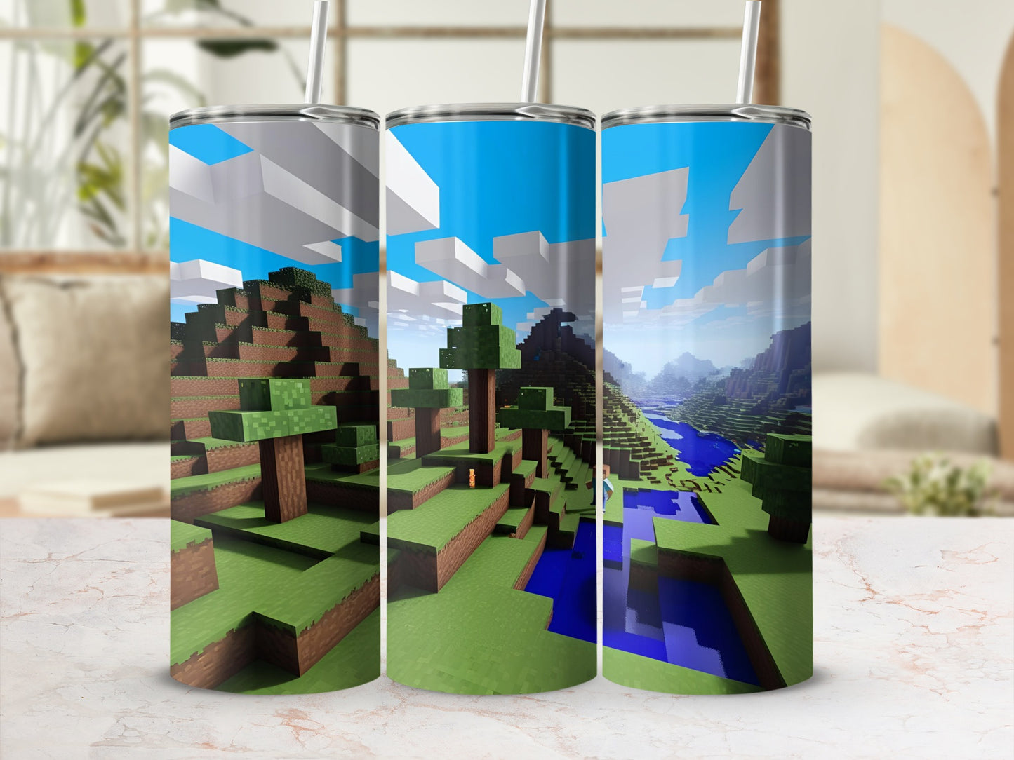 Minecraft landscape with trees, water, and sky on three tumblers.